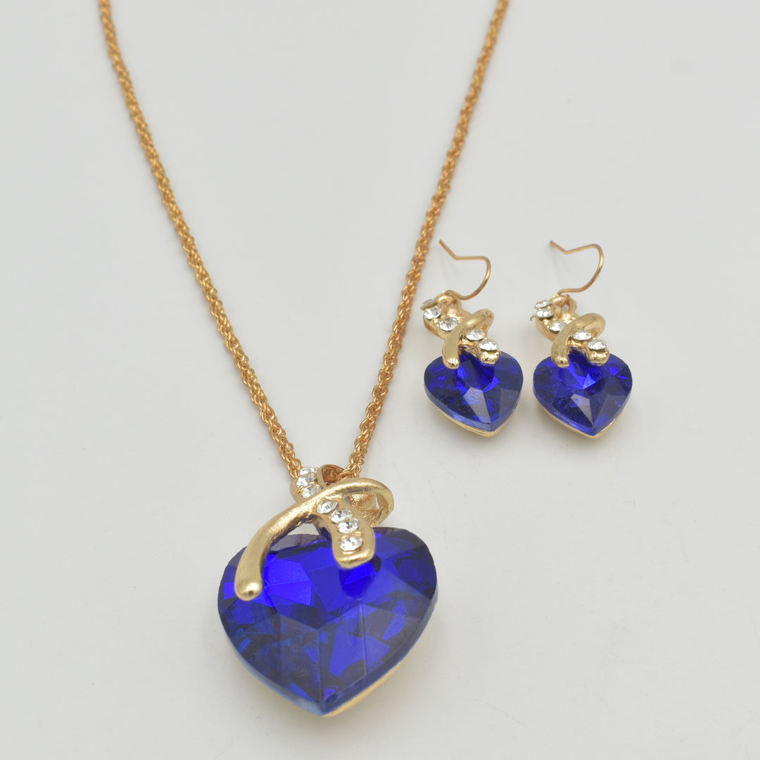 Gold Blue Bow Diamante Necklace Set