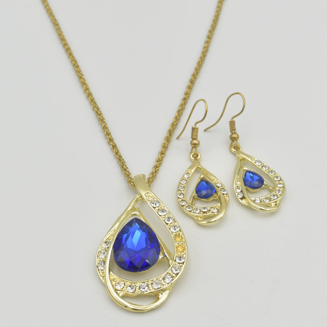 Gold Pear Shaped Blue Diamante Necklace Set