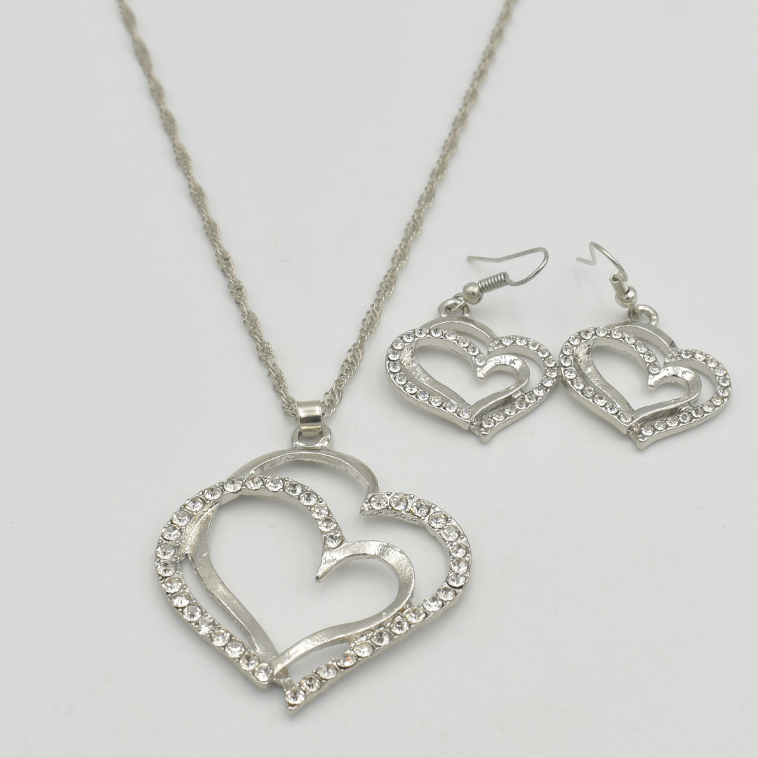 Silver Double Heart Diamante Necklace Set