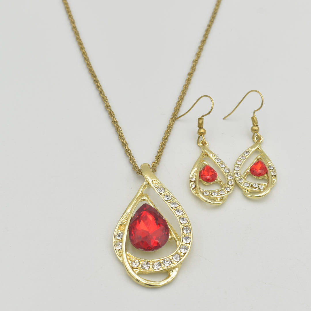 Gold Pear Shaped Ruby Diamante Necklace Set