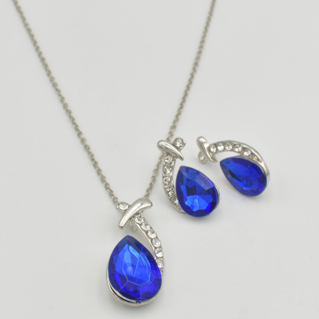 Silver Blue Pear Pendant Necklace Set