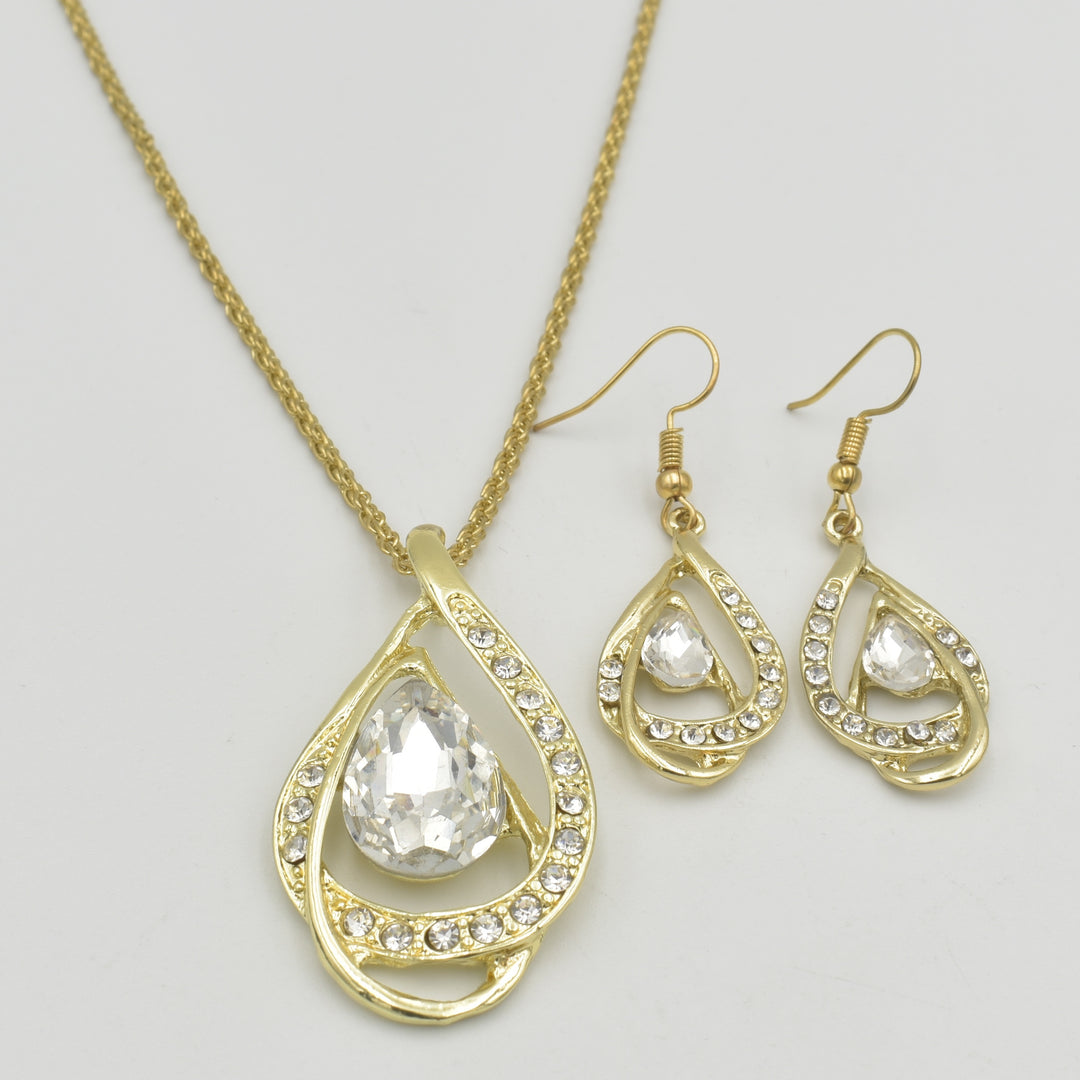 Gold Pear Shaped Clear Diamante Necklace Set