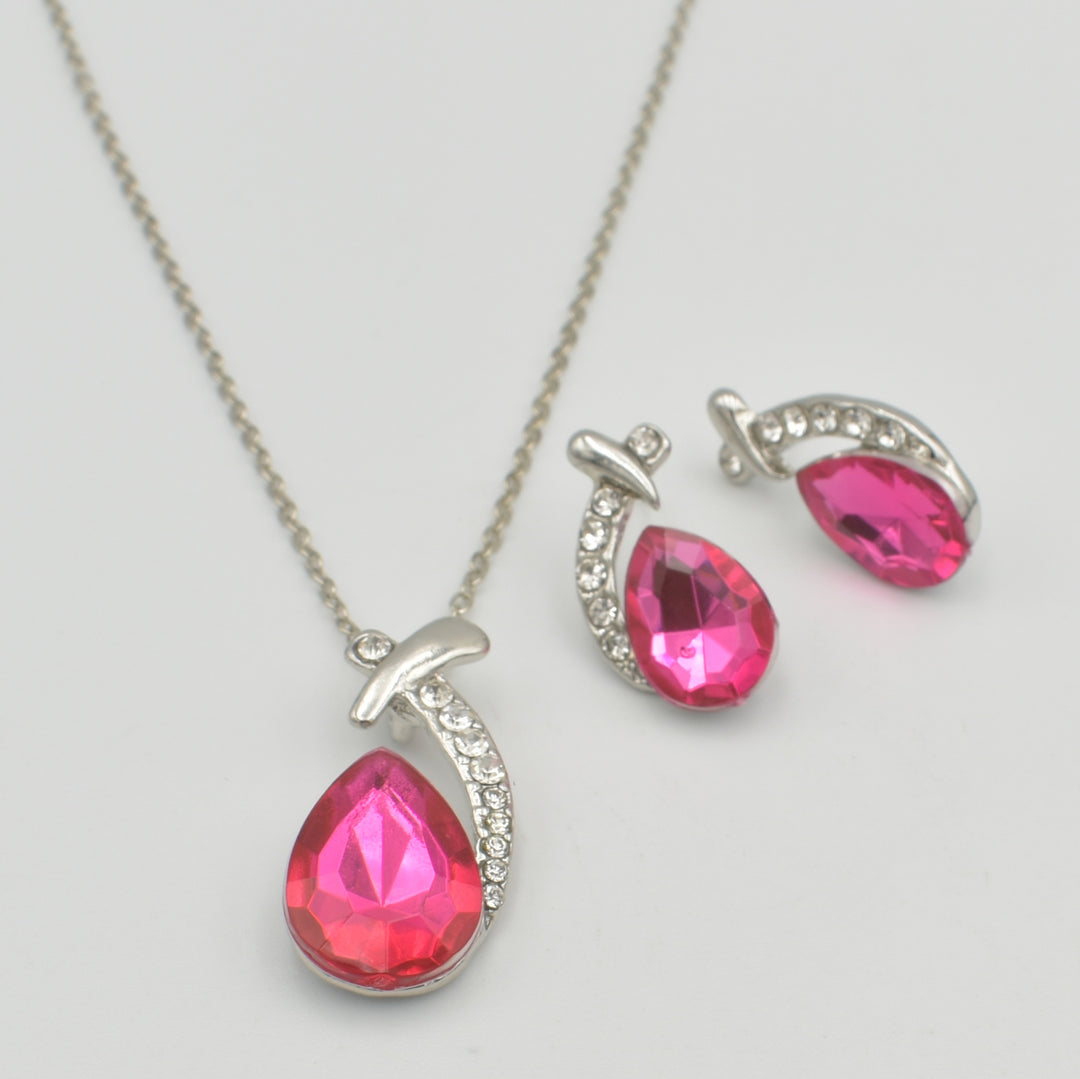 Silver Rose Pink Pear Pendant Necklace Set