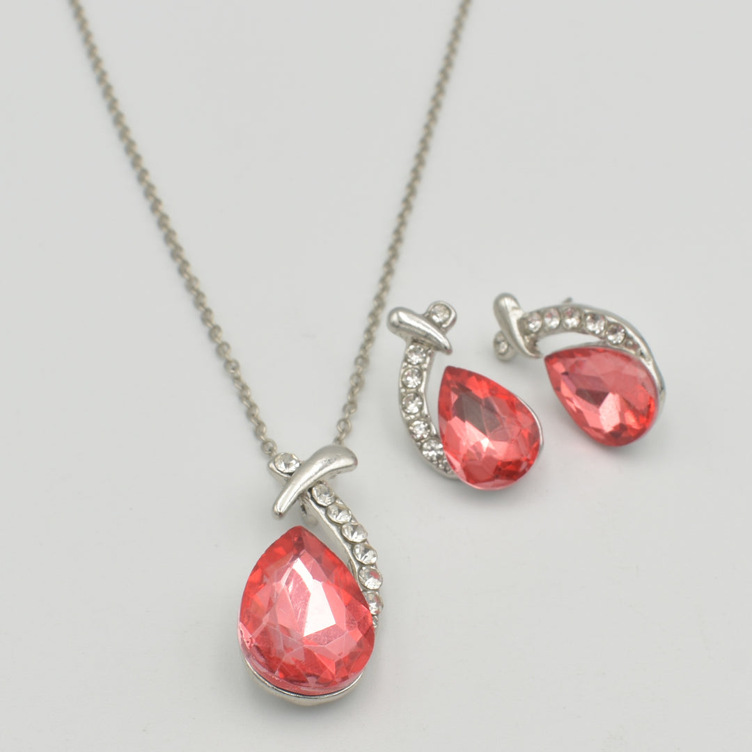 Silver Ruby Pear Pendant Necklace Set