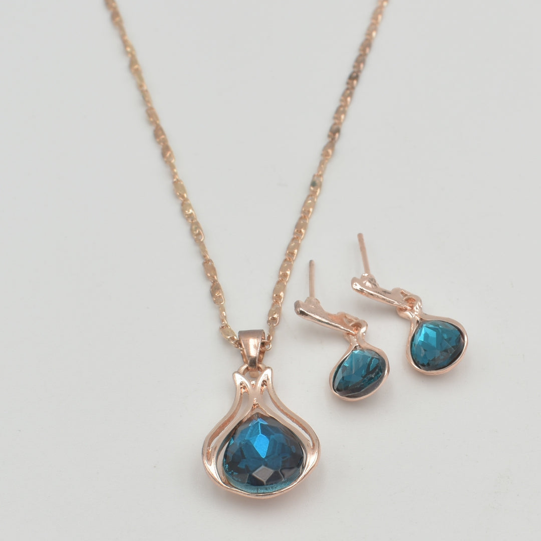 Rose Gold Blue Drop Pendant Necklace Set
