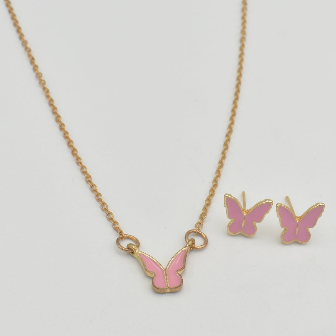 Gold Pink Butterfly Coated Necklace Set