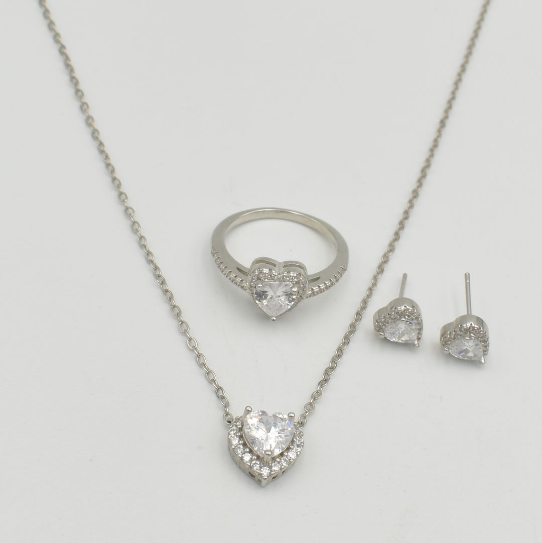 Silver Heart Diamante Cubic Necklace Set