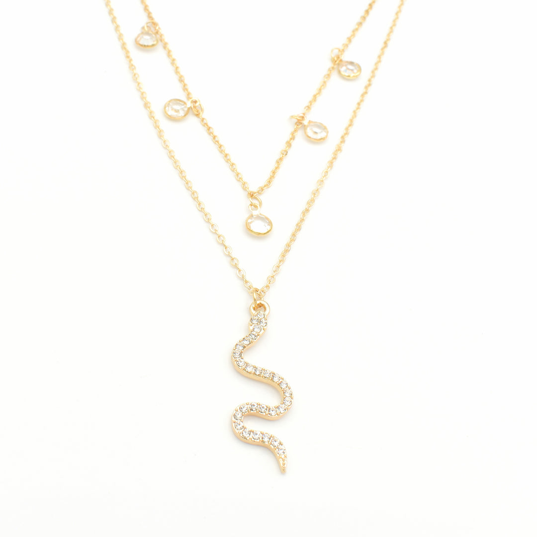 Gold Snake Diamante Pendant Layered Necklace