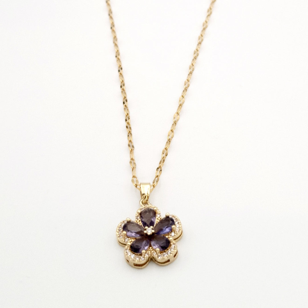 Gold Flower Amethyst Stone Necklace