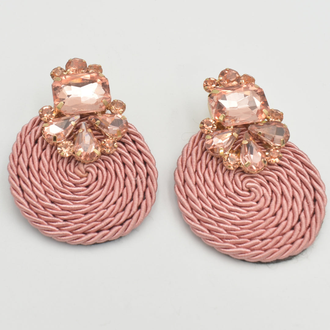 Pink Fabric Diamante Circle Drop Earrings