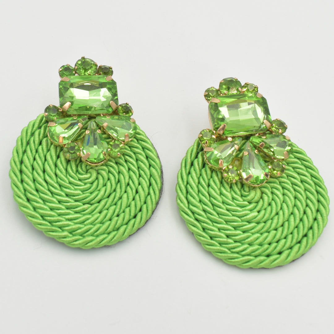 Green Fabric Diamante Circle Drop Earrings