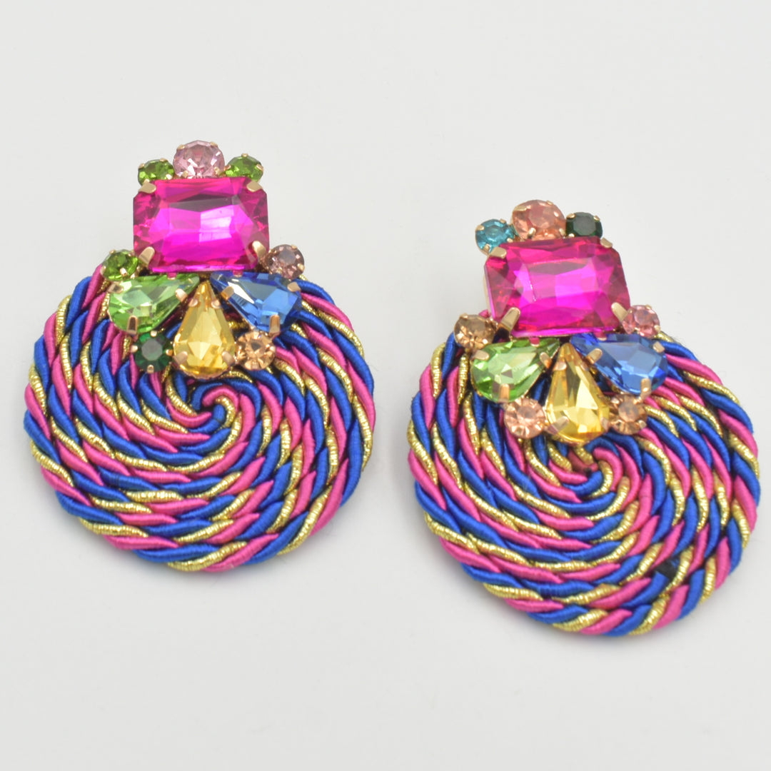 Rainbow Fabric Diamante Circle Drop Earrings