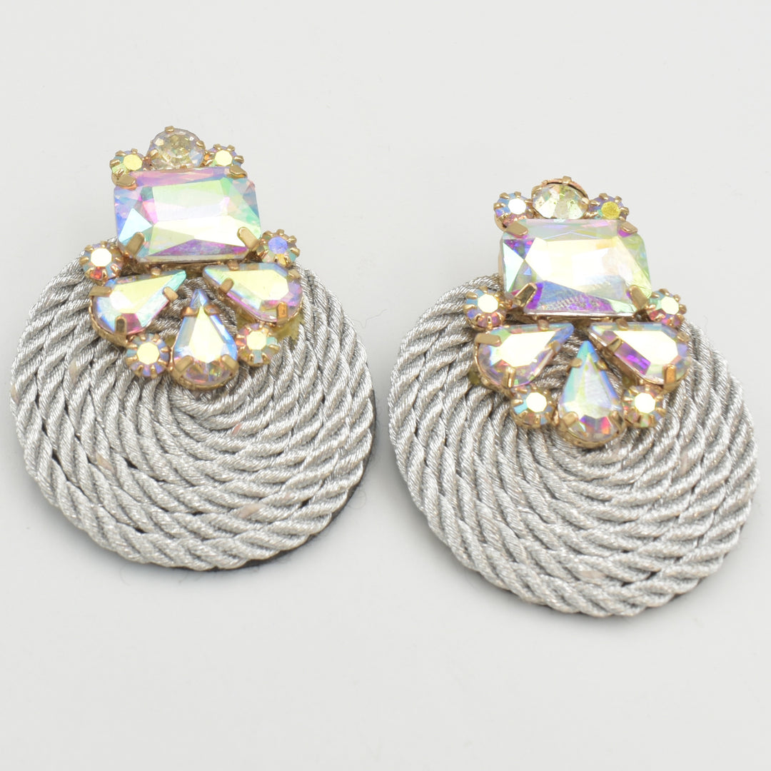 Grey Fabric Diamante Circle Drop Earrings