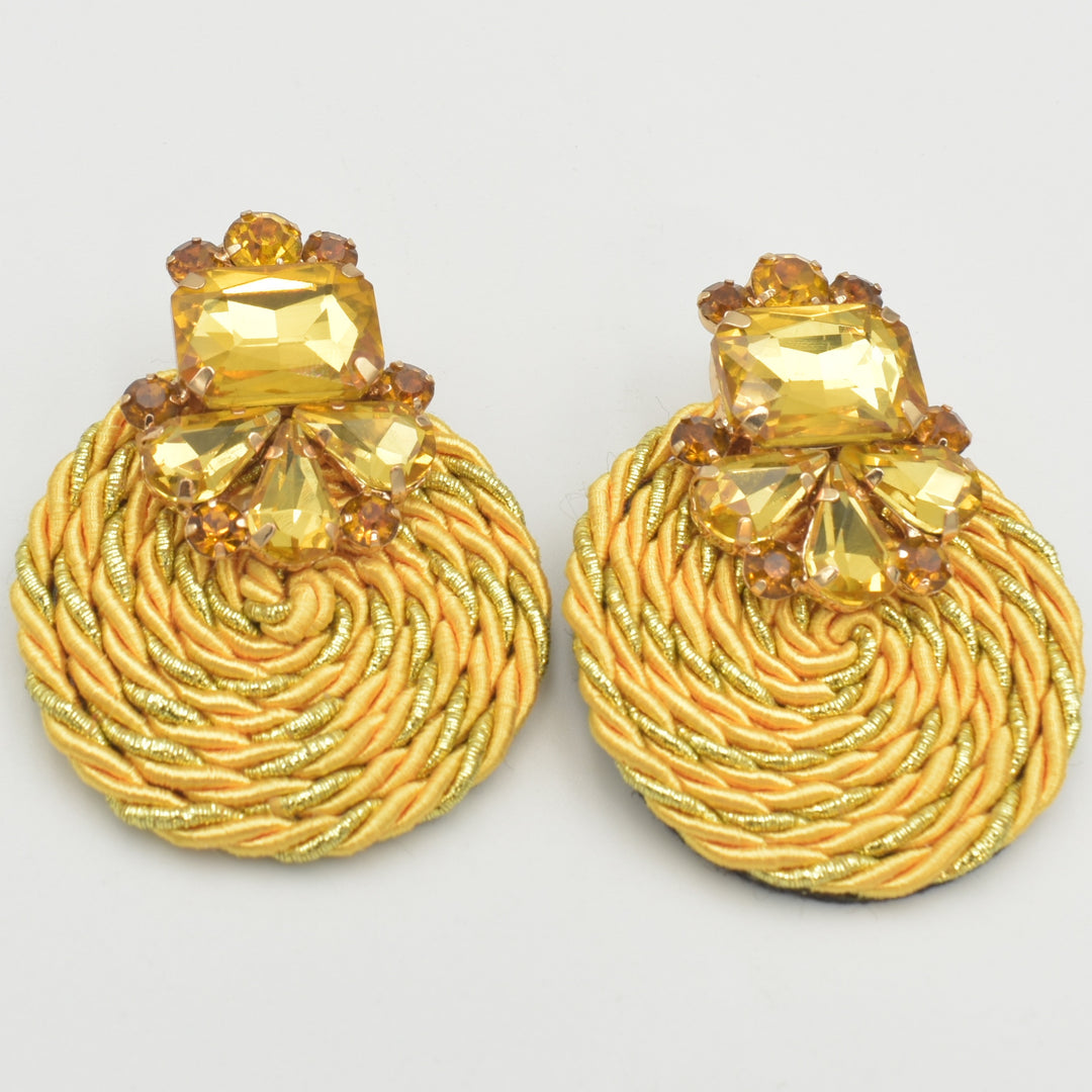 Yellow Fabric Diamante Circle Drop Earrings