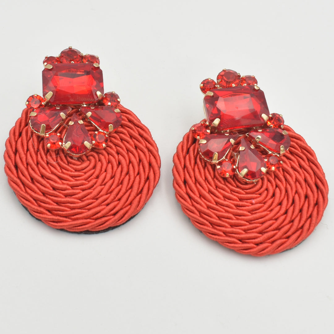 Red Fabric Diamante Circle Drop Earrings