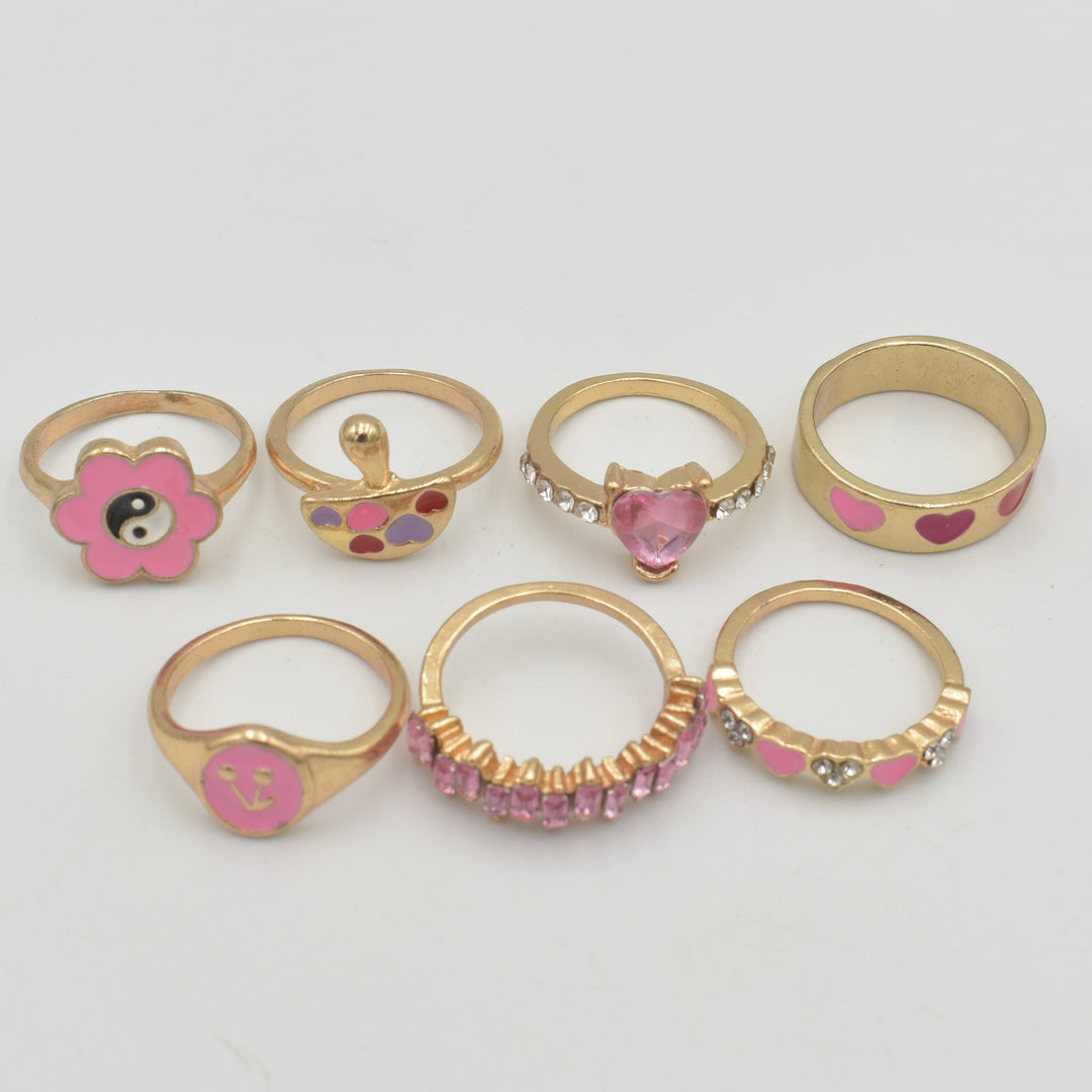 Gold Pink Diamante 7-Pack Rings