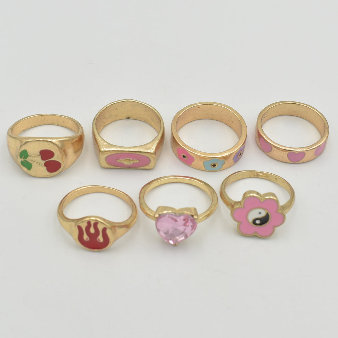 Gold Pink Flower Yin and Yang 7-Pack Rings