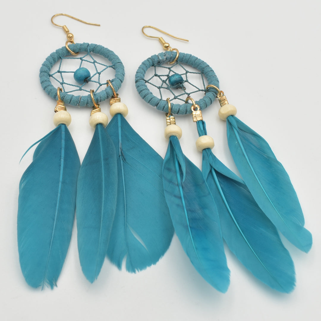 Blue Feather Drop Earrings