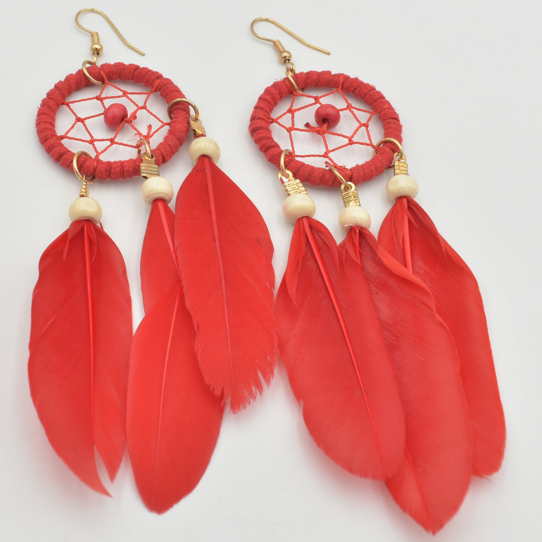 Red Feather Drop Earrings