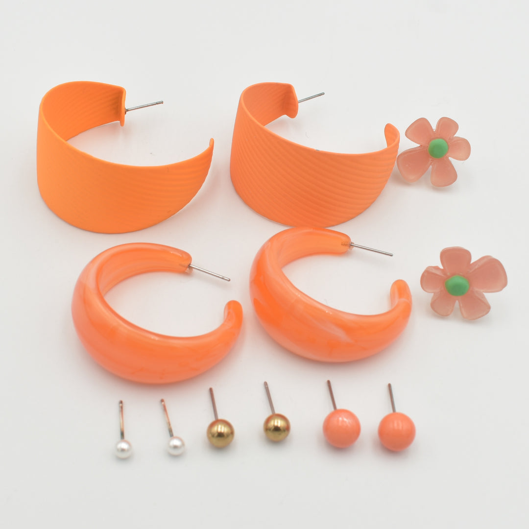 Orange Large Hoop Pearl 6-Pack Earrings
