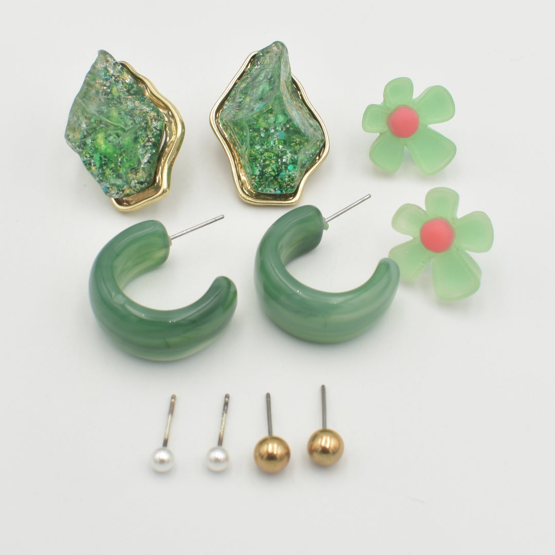 Gold Emerald Stone Pearl 5-Pack Earrings