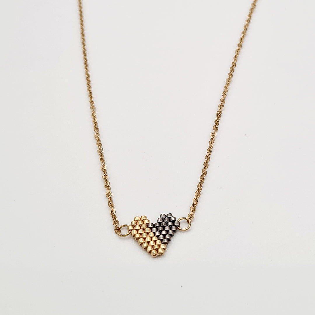 Gold Grey & White Beaded Heart Necklace