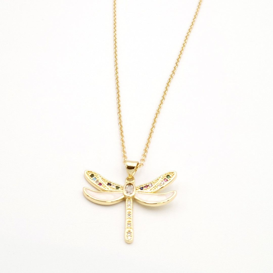 Gold White Dragon Fly Necklace