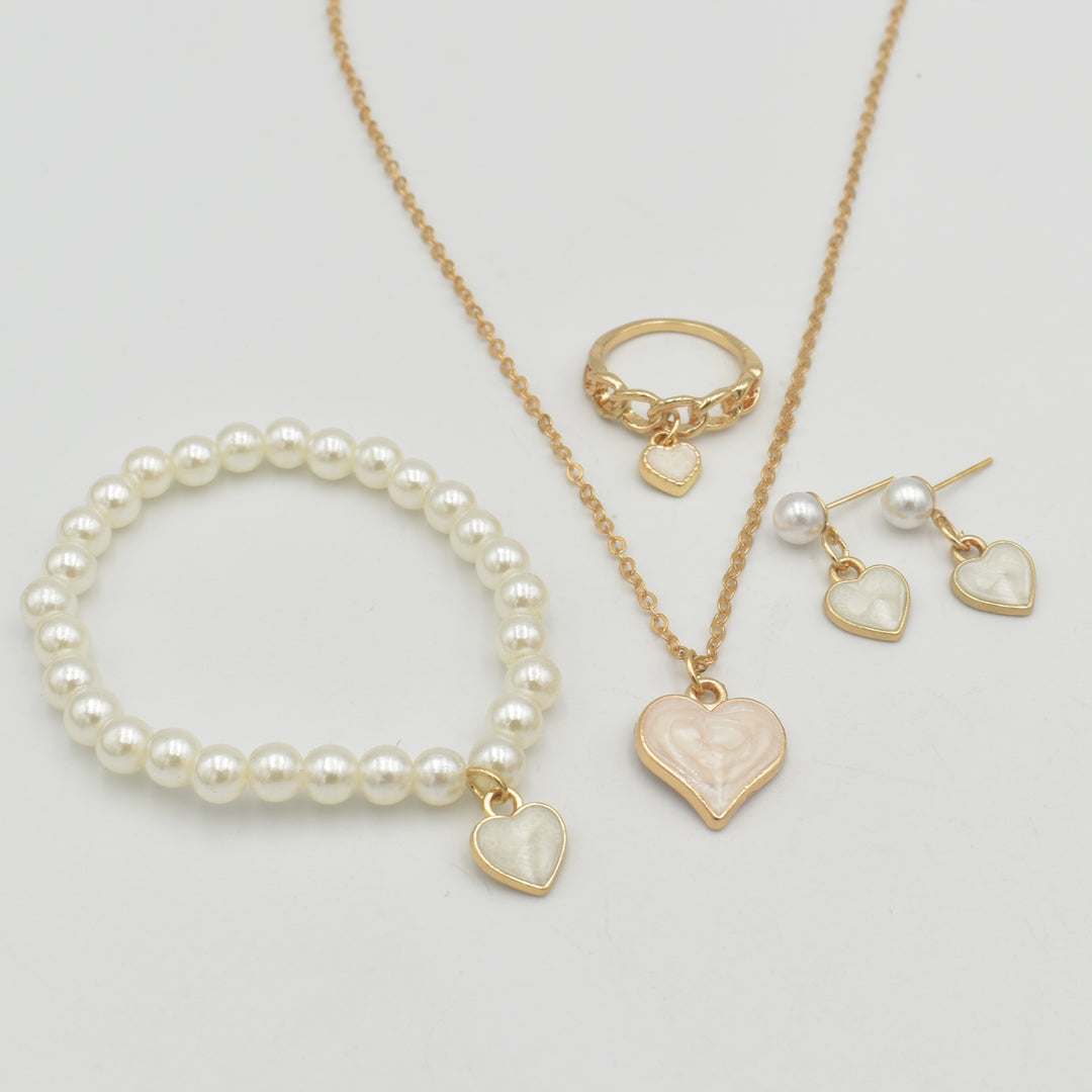 Gold Pearl Heart Pendant Necklace Set