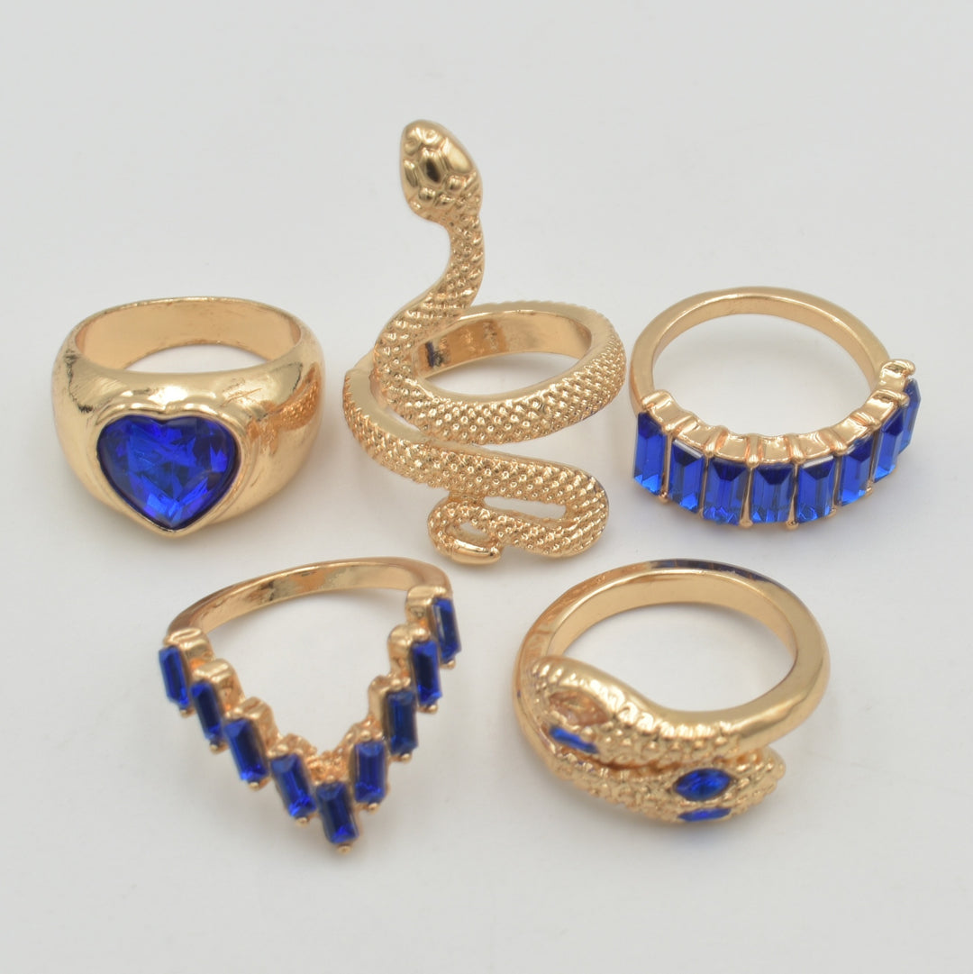 Gold Snake & Blue Fish Bone 5-Pack Rings