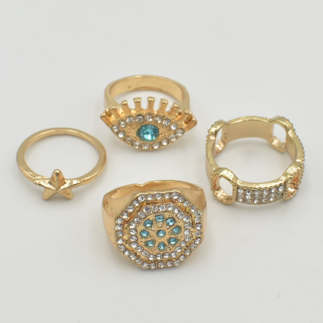 Gold Evil Eye Diamante 4-Pack Rings