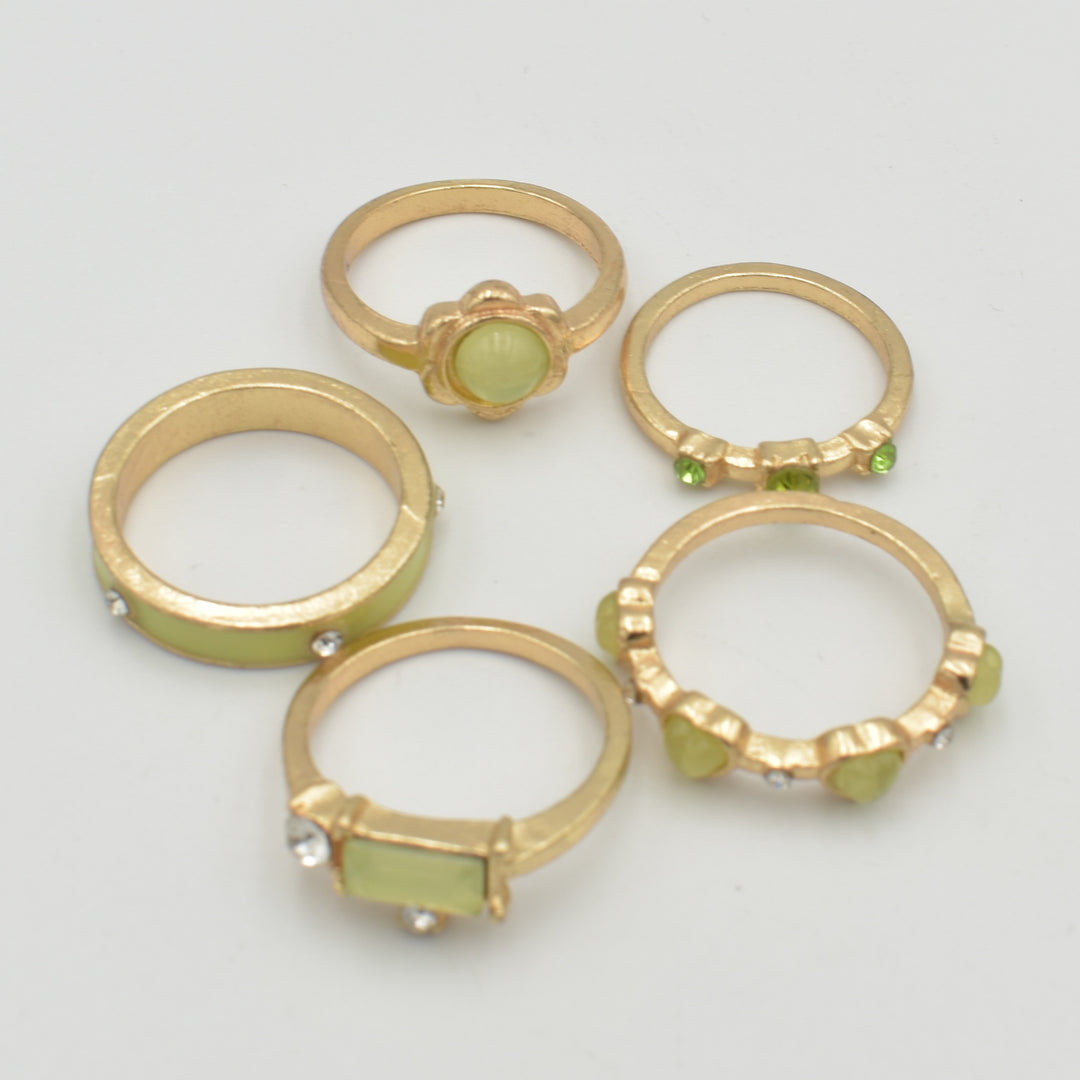 Gold Green Diamante 5-Pack Rings