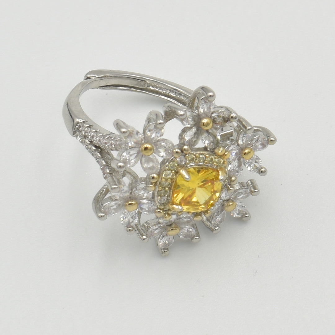 Silver Flowery Cubic Yellow Ring