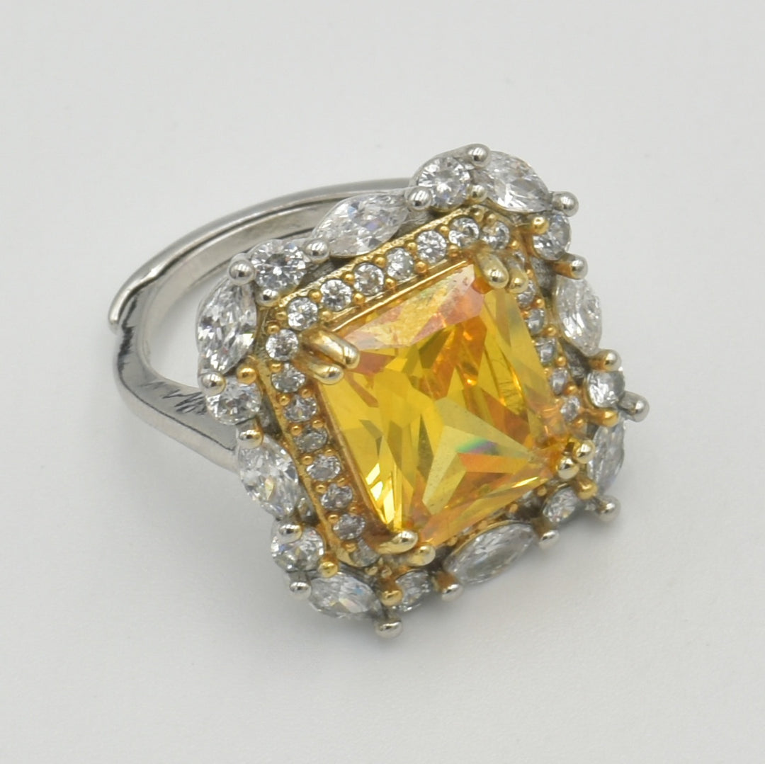 Silver Diamante Surrounded Yellow Stone Ring