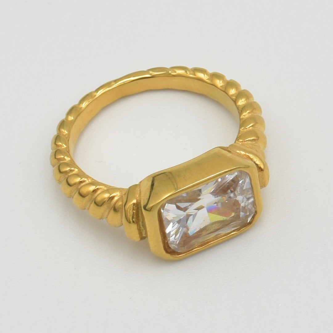 Gold Cubic Clear Stone Ring