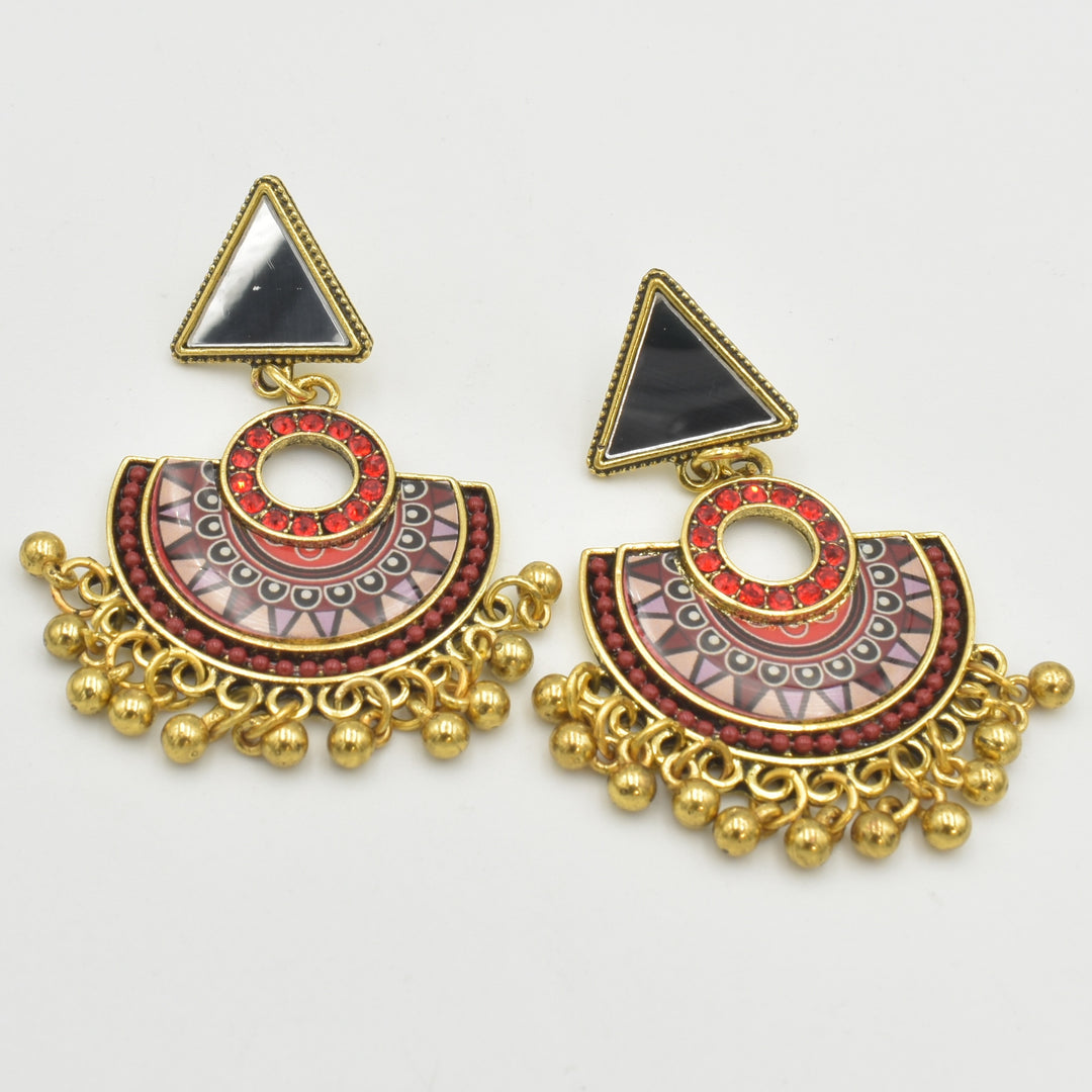 Gold Tribal Red Drop Earrings