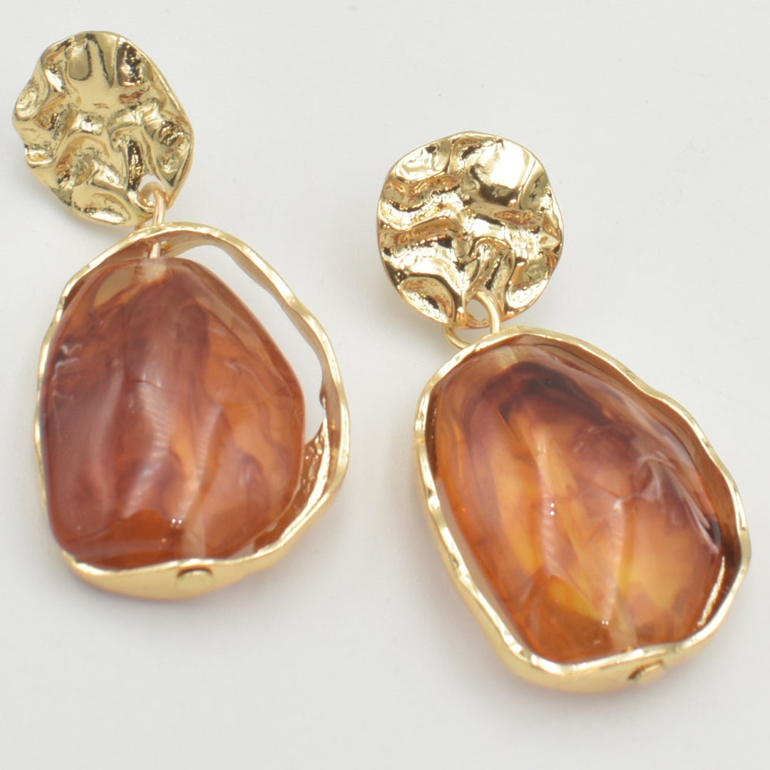 Gold Brown Gem Stone Drop Earrings