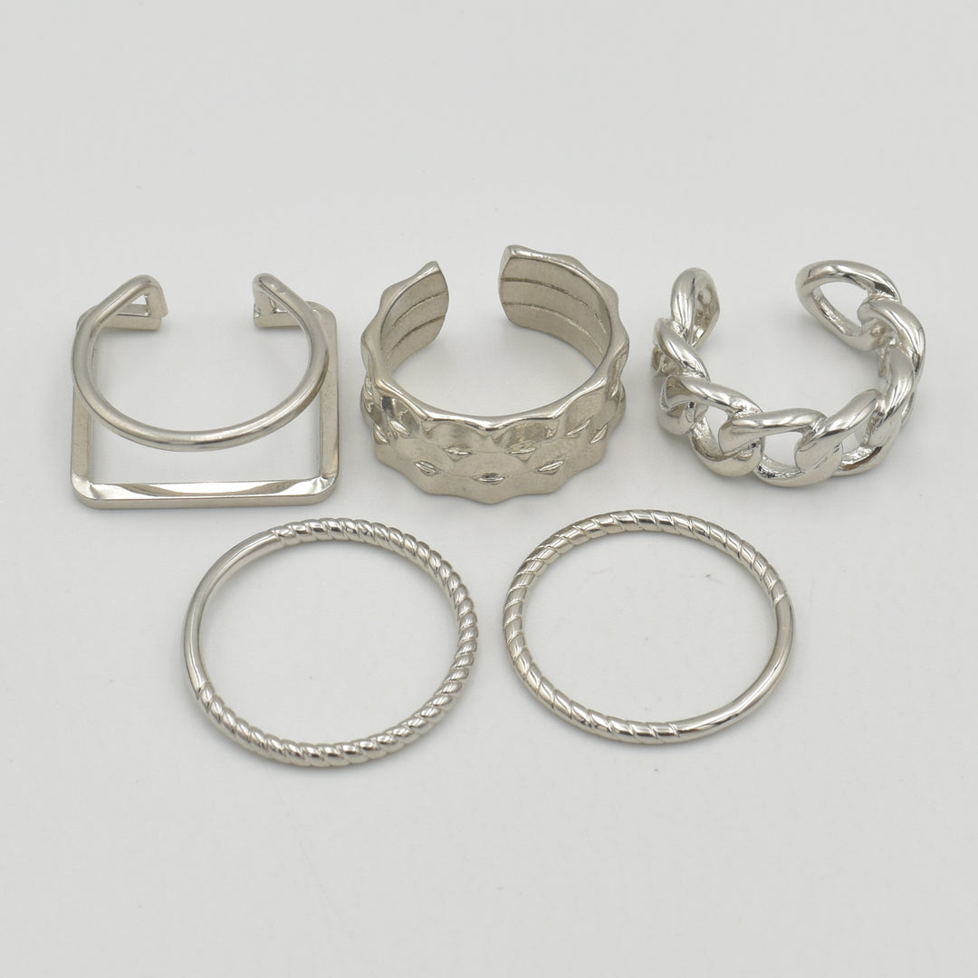 Silver Rock Textured Adjustable Band 5-Pack Rings