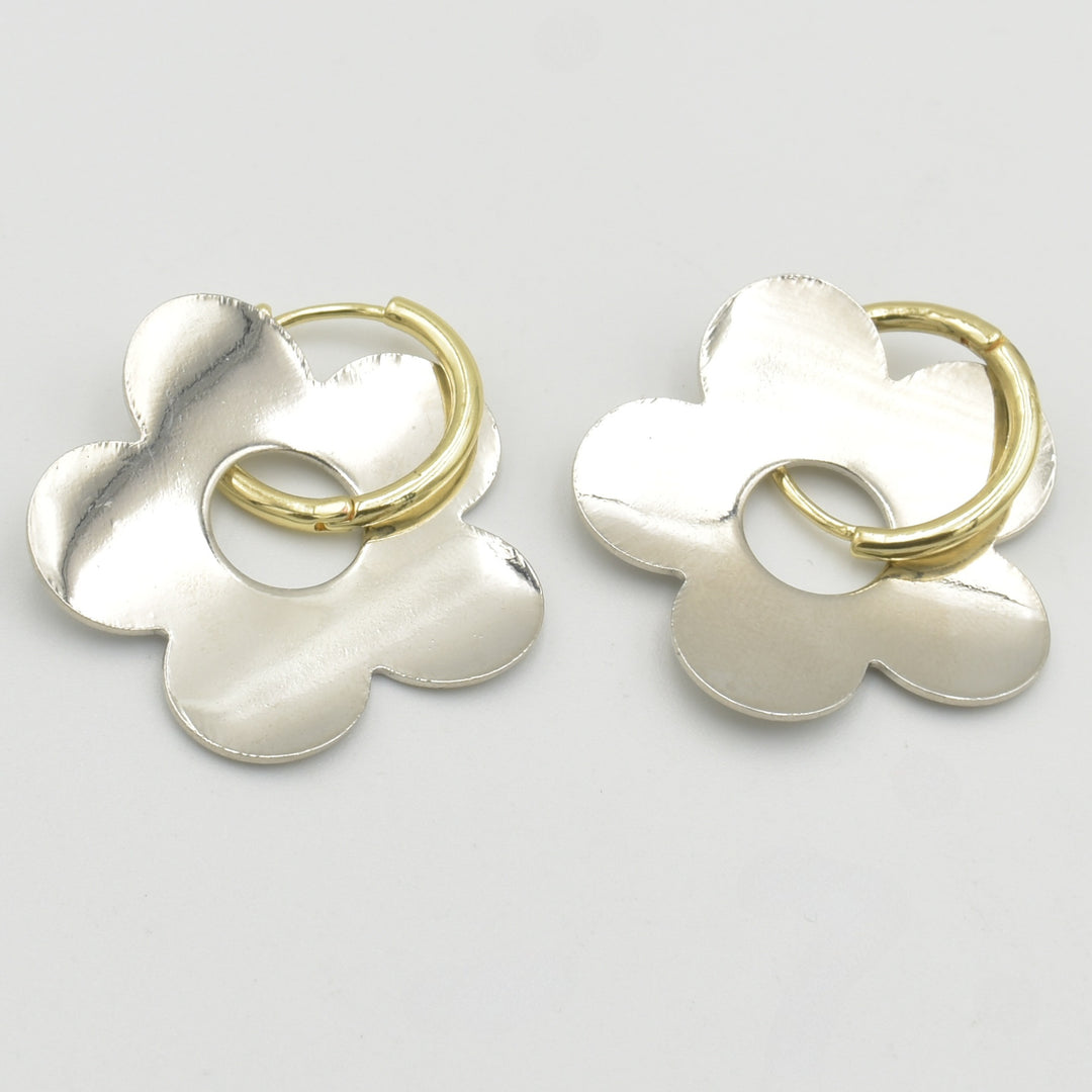 Silver Flower Huggies Earrings