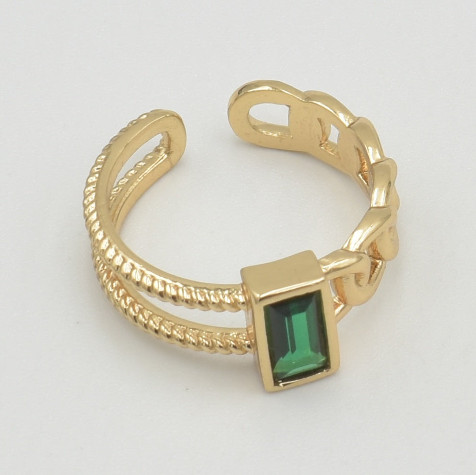 Gold Cubic Green Double Band Ring
