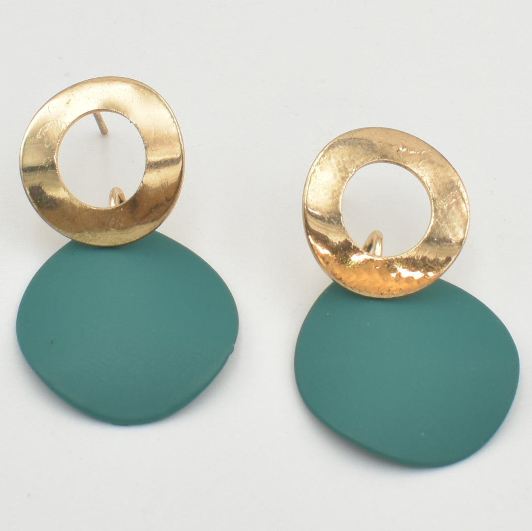 Gold Curved Green Disc Drop Earrings