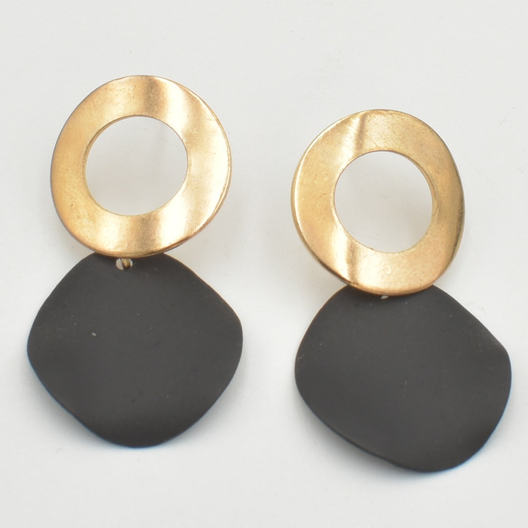 Gold Curved Black Disc Drop Earrings