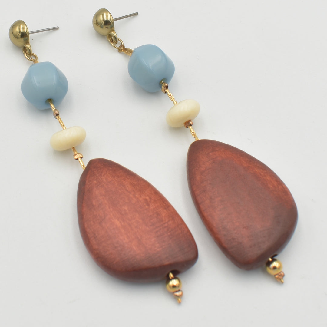 Brown Wooden Blue Ball Drop Earrings