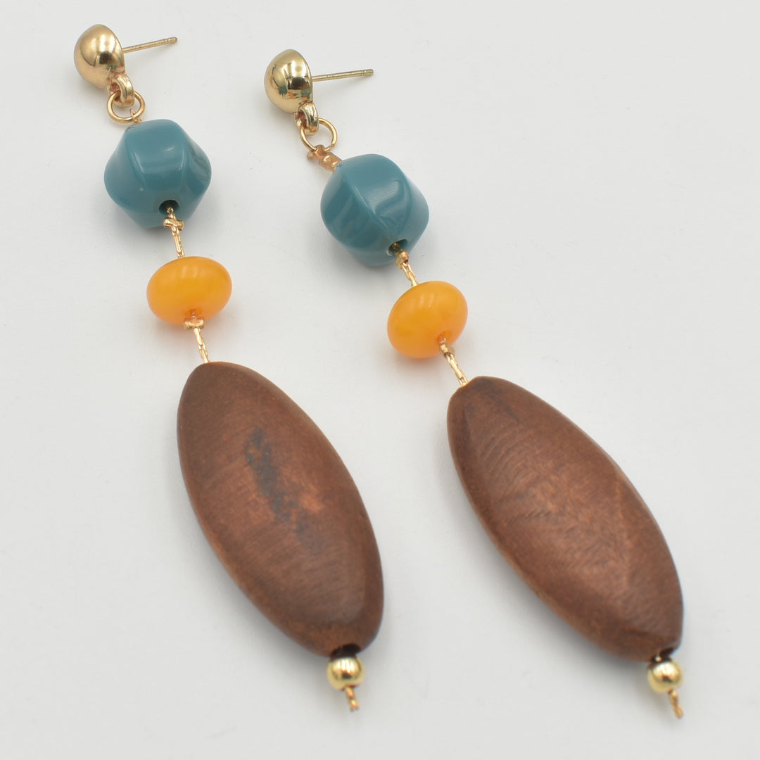 Gold Drop Dark Brown Wood Earrings
