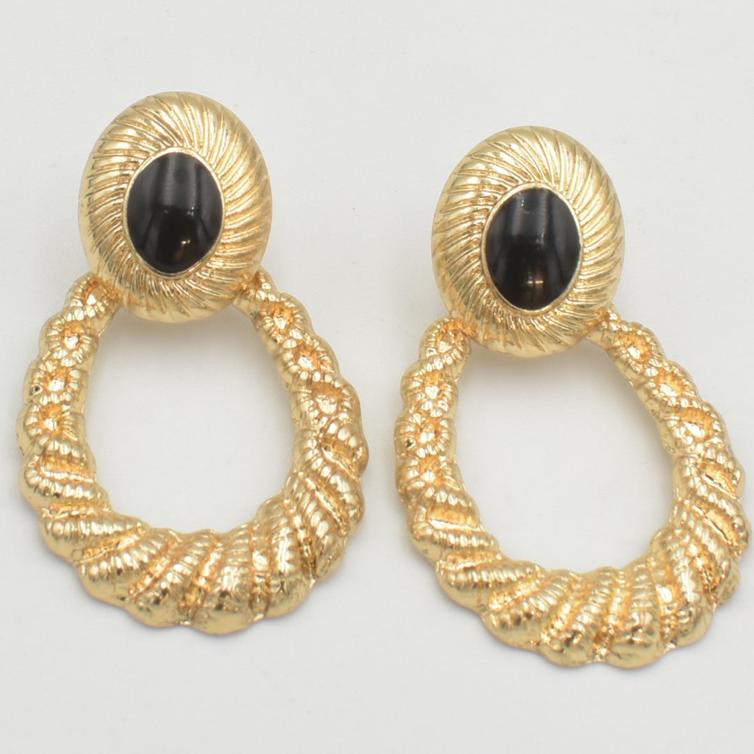 Gold Black Dot Drop Earrings