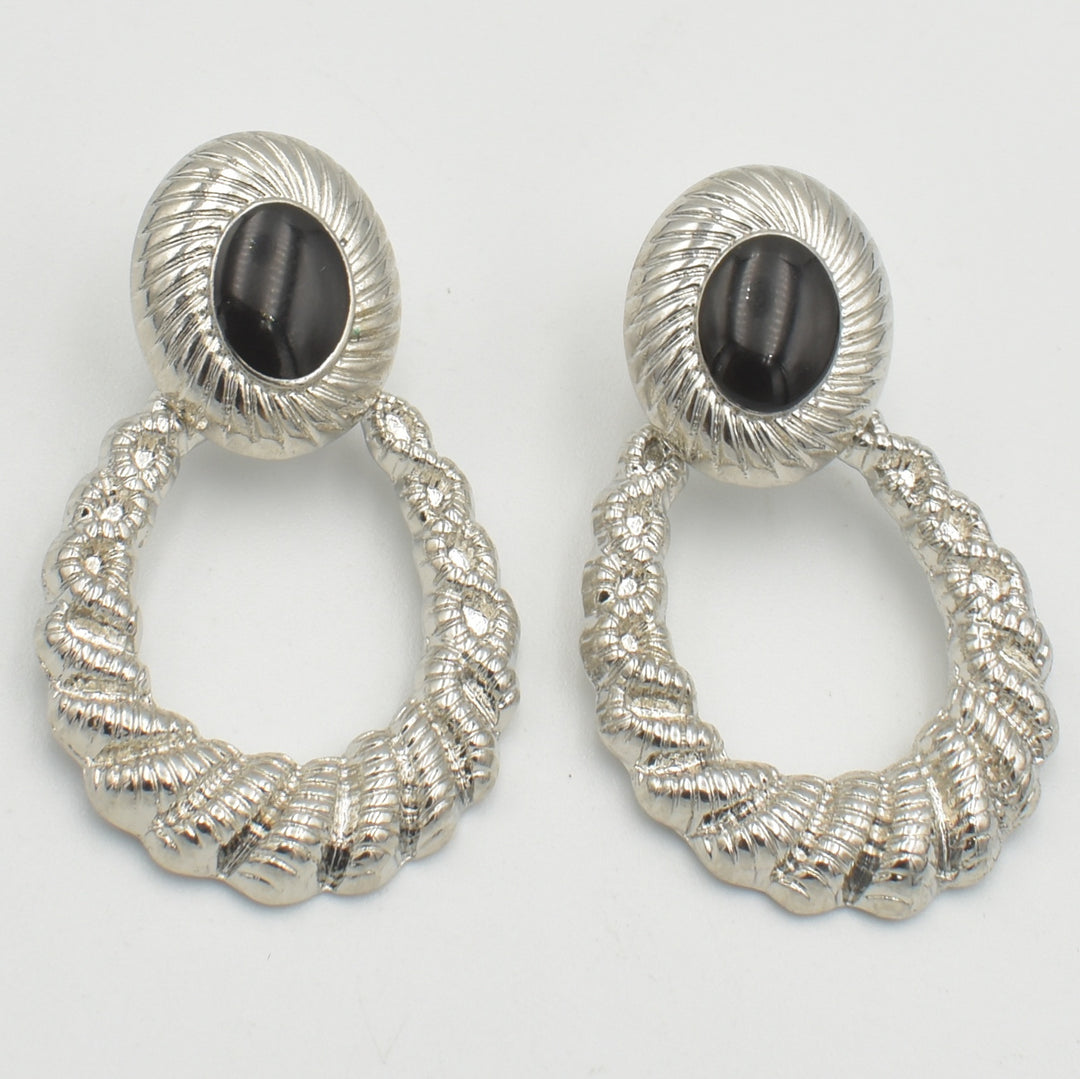 Silver Black Dot Open Drop Earrings