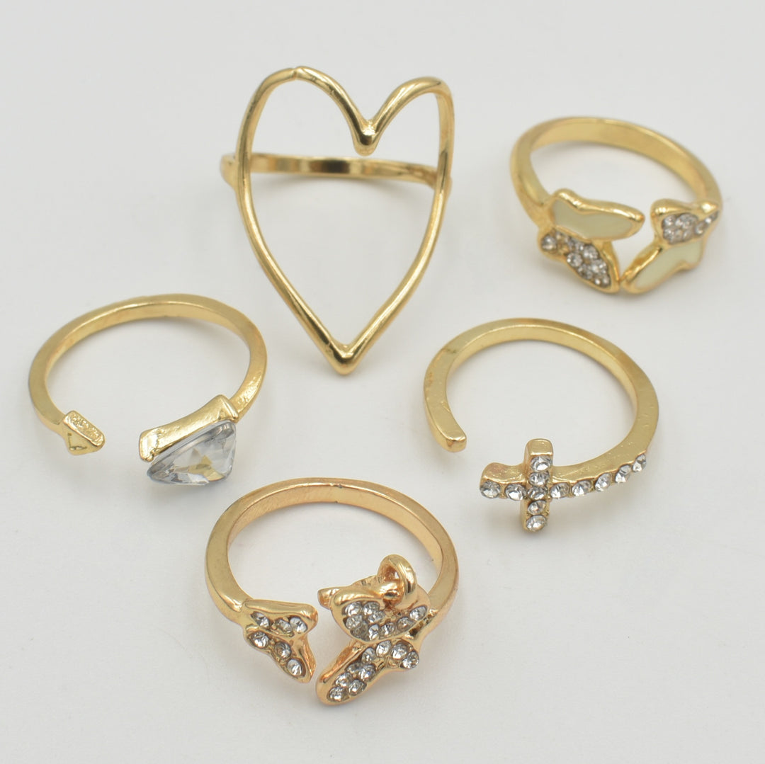 Gold Diamante Heart 5-Pack Rings
