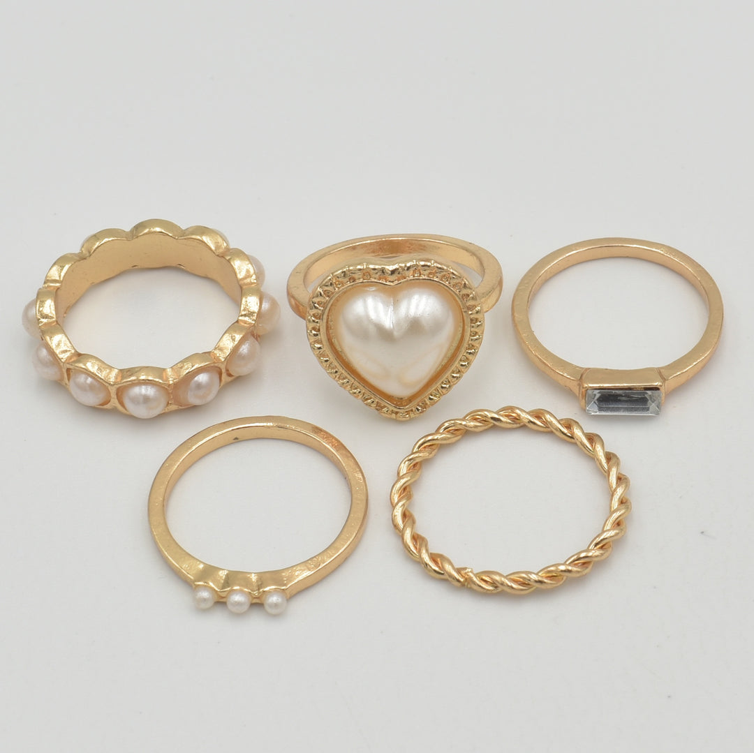 Gold Pearl Heart Band 5-Pack Rings