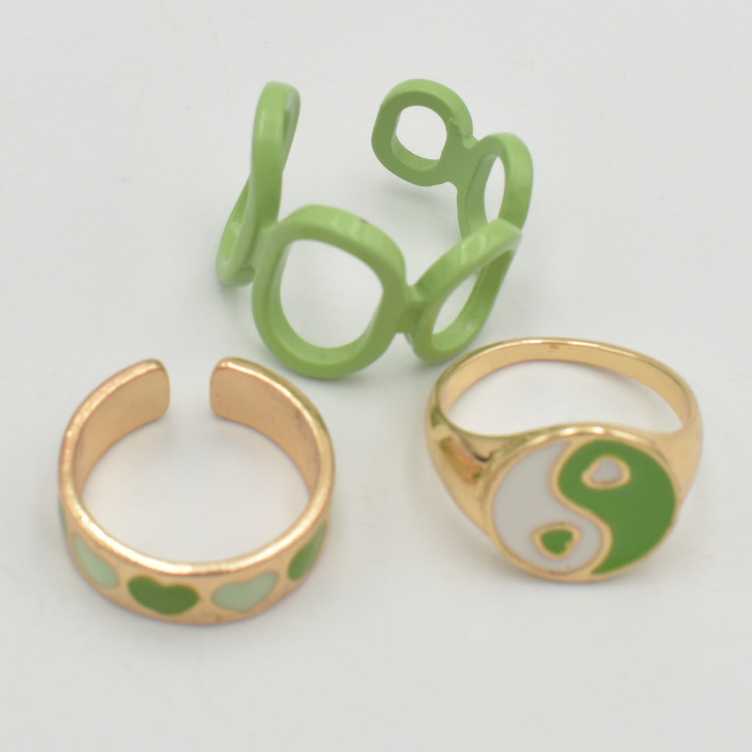 Gold Green Yin and Yang 3-Pack Rings