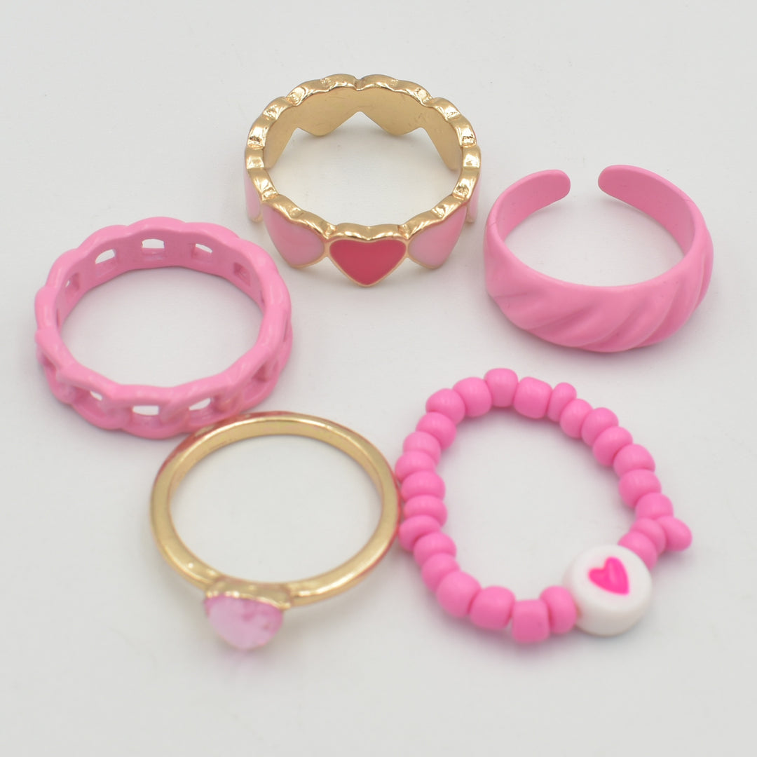 Pink Diamante Heart 5-Pack Rings