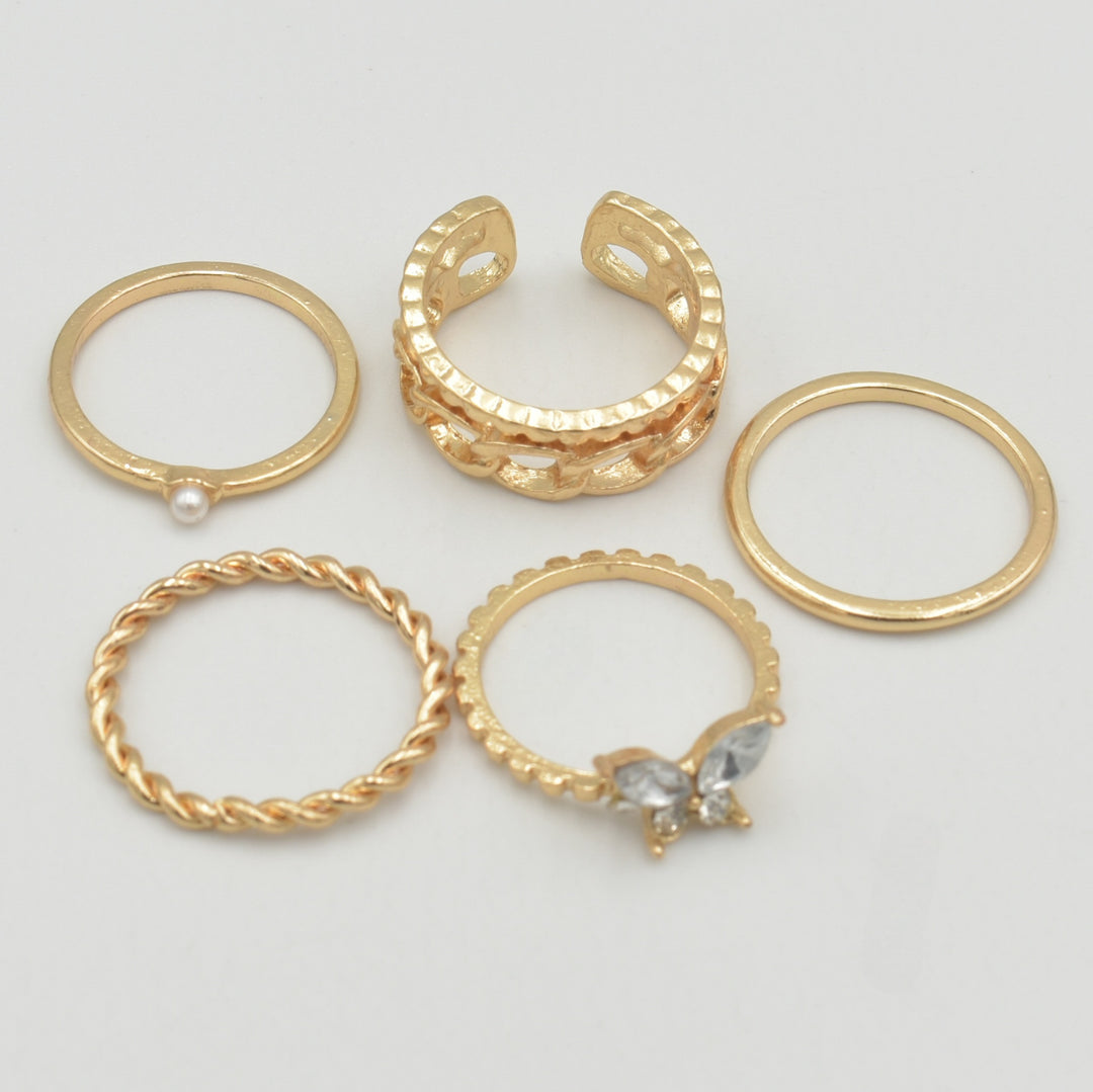 Gold Cubic Butterfly 5-Pack Rings